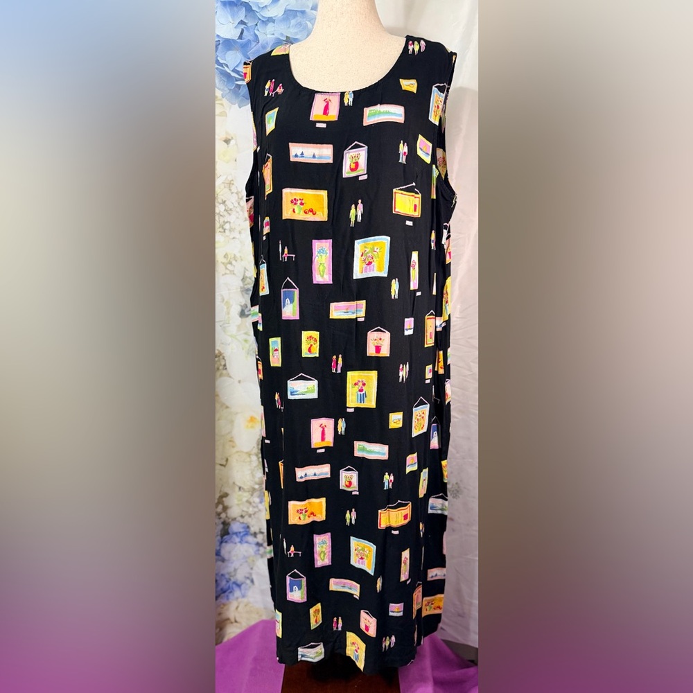 VTG Colorful Graphic Print Sleeveless Dress Travel theme sleeveless Maxie length